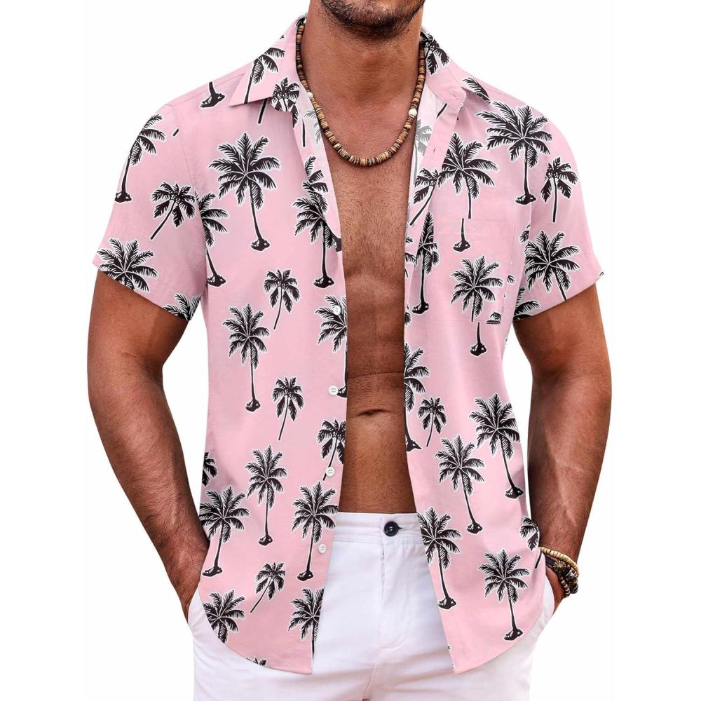 imageCOOFANDY Hawaiian Short Button Sleeve Down Shirt Shirts BeachPink Black Coconut Palm