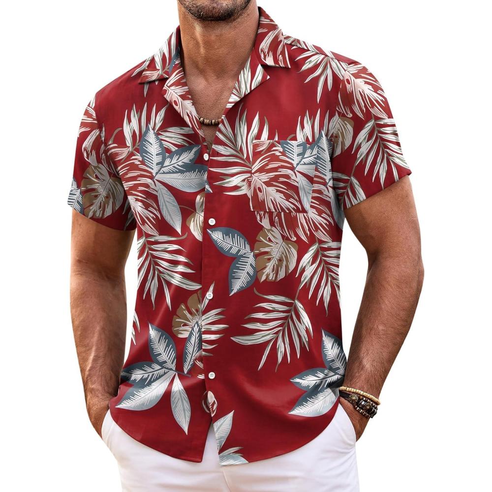 imageCOOFANDY Hawaiian Short Button Sleeve Down Shirt Shirts BeachRedleaf