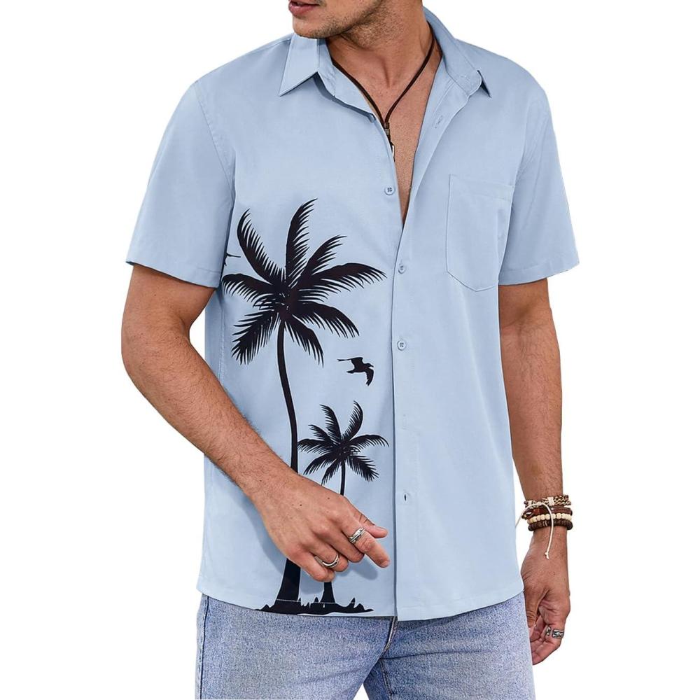 imageCOOFANDY Hawaiian Short Button Sleeve Down Shirt Shirts BeachSky Blue Palm Tree