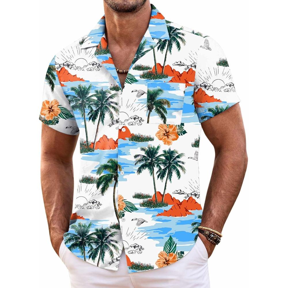 imageCOOFANDY Hawaiian Short Button Sleeve Down Shirt Shirts BeachWhite Coconut Tree