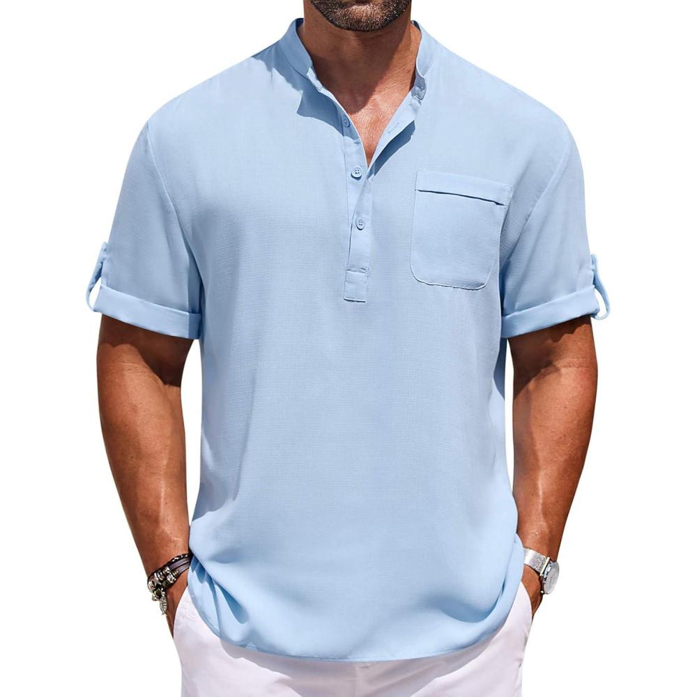 imageCOOFANDY Henley Shirts for Men Short Sleeve Band Collar Casual Shirt Summer Hippie Vacation Beach T Shirts with PocketLight Blue
