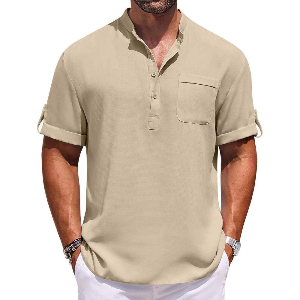 imageCOOFANDY Henley Shirts for Men Short Sleeve Band Collar Casual Shirt Summer Hippie Vacation Beach T Shirts with PocketLight Khaki