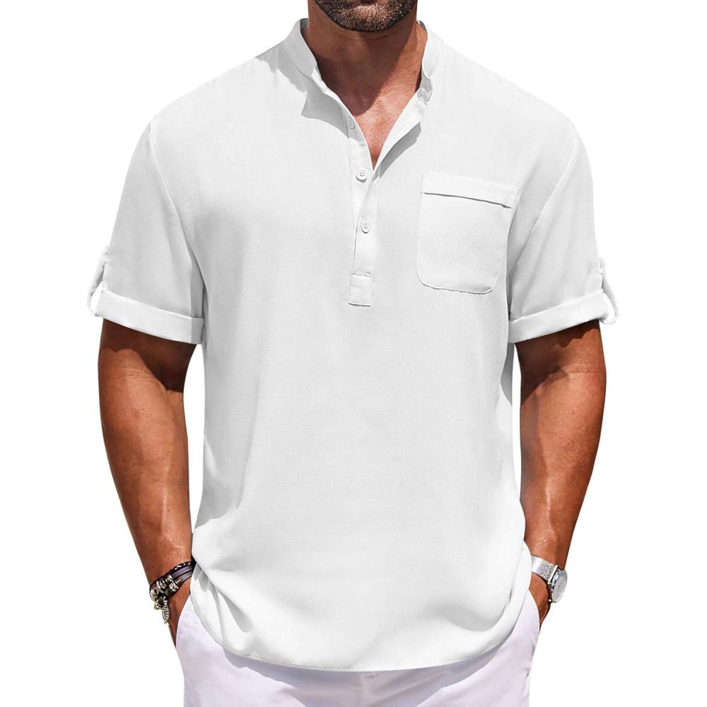 imageCOOFANDY Henley Shirts for Men Short Sleeve Band Collar Casual Shirt Summer Hippie Vacation Beach T Shirts with PocketWhite