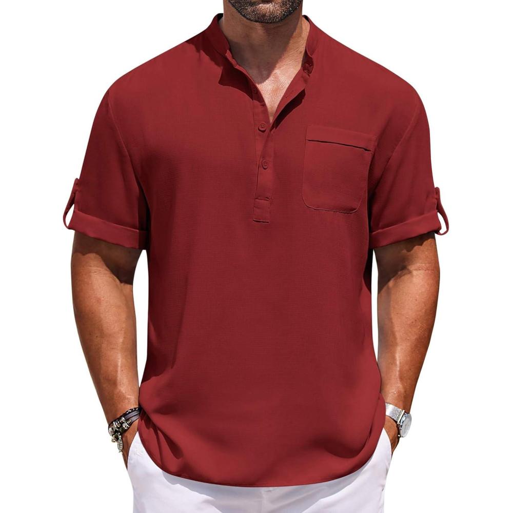 imageCOOFANDY Henley Shirts for Men Short Sleeve Band Collar Casual Shirt Summer Hippie Vacation Beach T Shirts with PocketWine Red