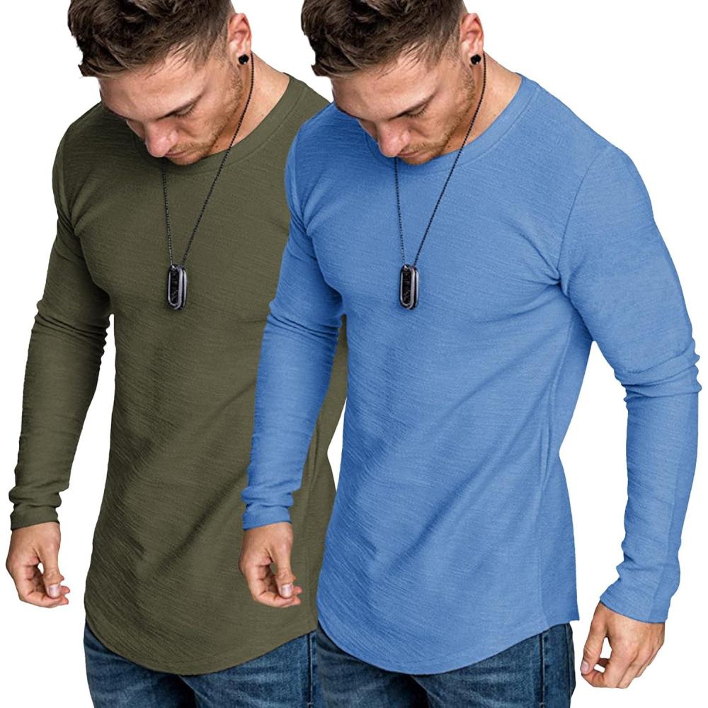 imageCOOFANDY Men 2 Pack Muscle Fitted T Shirt Gym Workout Athletic Long Sleeves TeeArmy GreenBlue