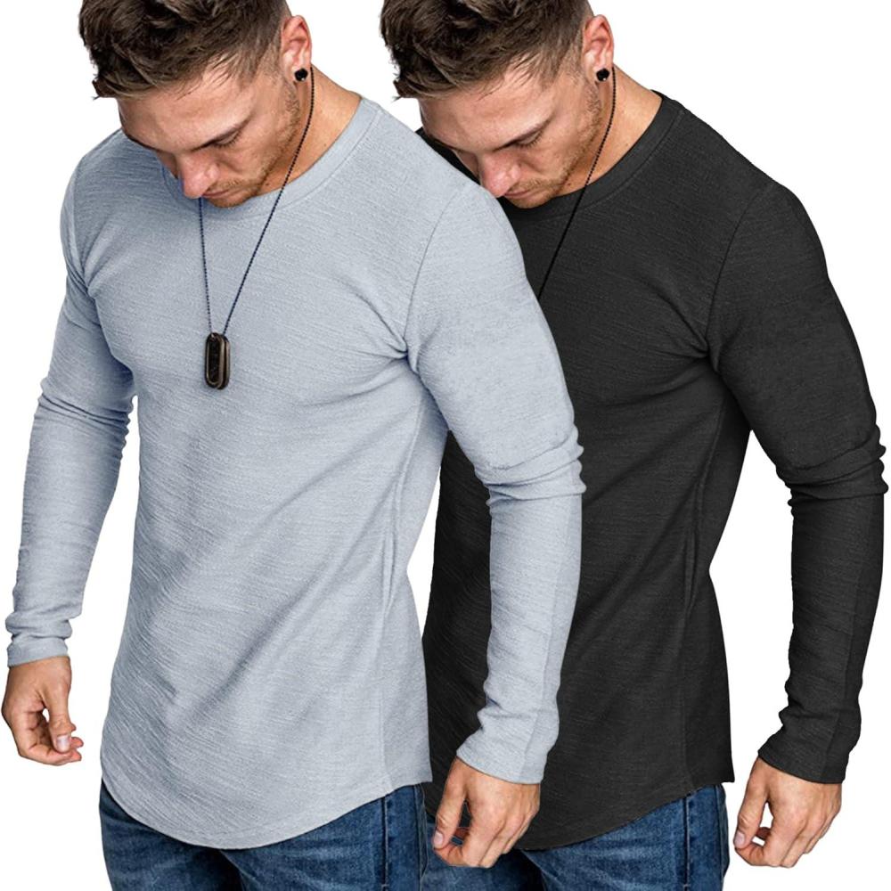 imageCOOFANDY Men 2 Pack Muscle Fitted T Shirt Gym Workout Athletic Long Sleeves TeeBlackGrey Blue