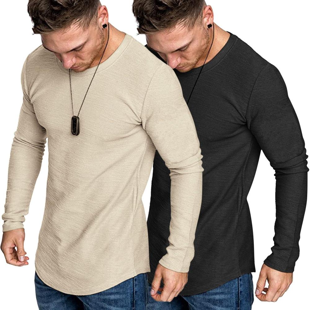 imageCOOFANDY Men 2 Pack Muscle Fitted T Shirt Gym Workout Athletic Long Sleeves TeeBlackKhaki