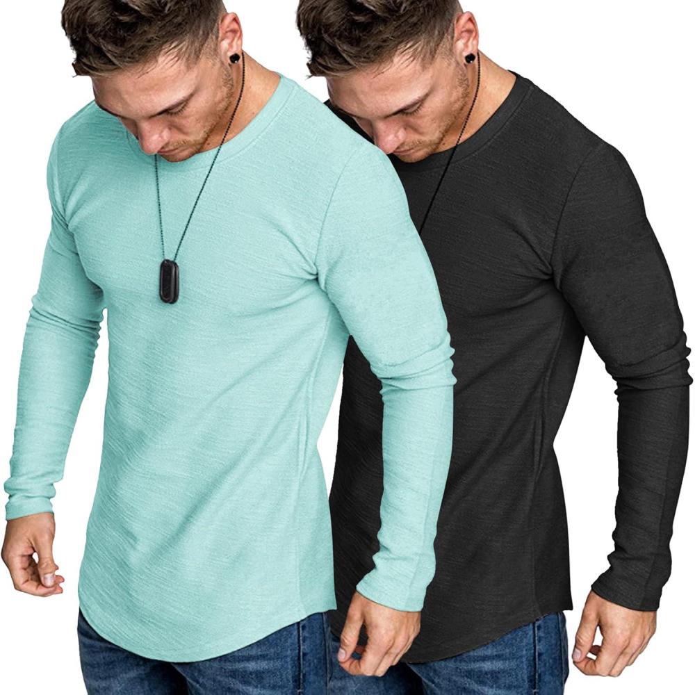 imageCOOFANDY Men 2 Pack Muscle Fitted T Shirt Gym Workout Athletic Long Sleeves TeeBlackMint Green