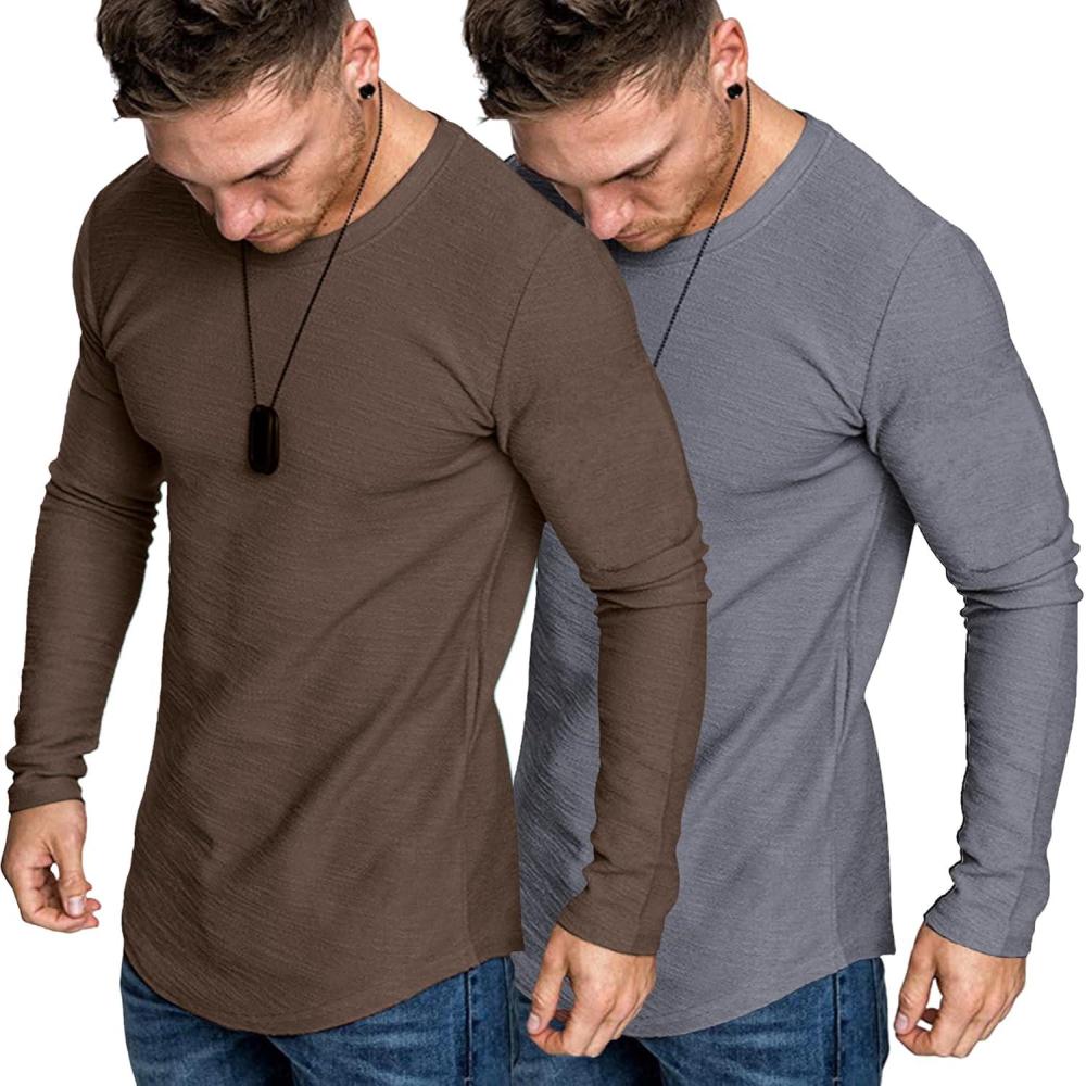 imageCOOFANDY Men 2 Pack Muscle Fitted T Shirt Gym Workout Athletic Long Sleeves TeeDark Gery and Brown
