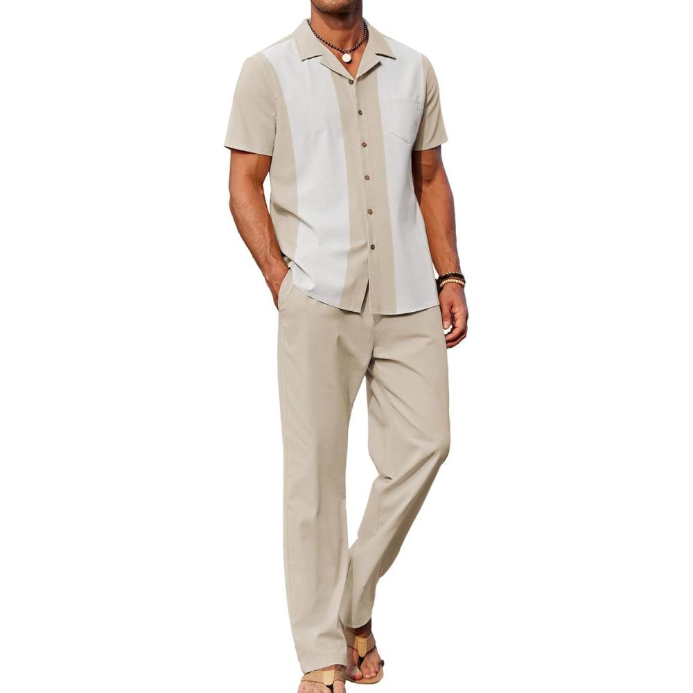 imageCOOFANDY Men 2 Piece Linen Outfit Beach Button Down Shirt Casual Loose Pant SetsKhaki Patchwork White ShirtKhaki Pants