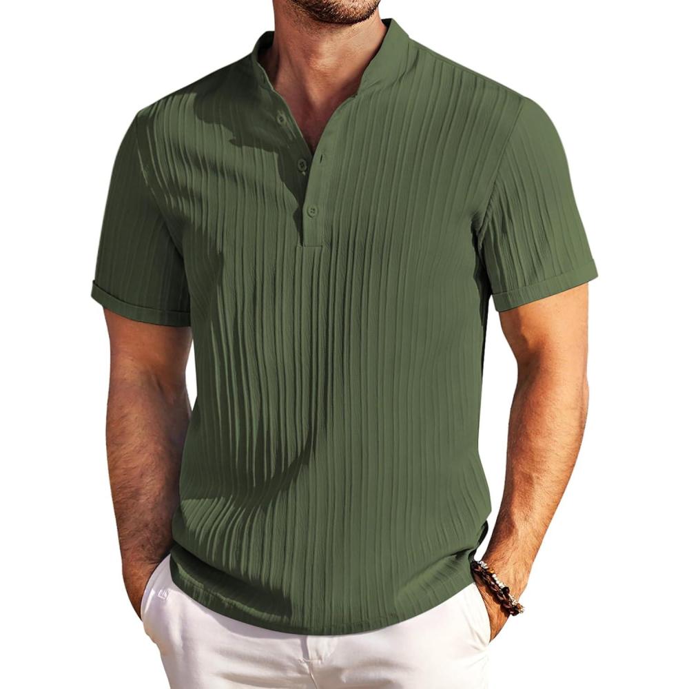 imageCOOFANDY Men Casual Henley Tee Shirt Short Sleeve Band Collar Summer Beach Textured TShirtArmy Green