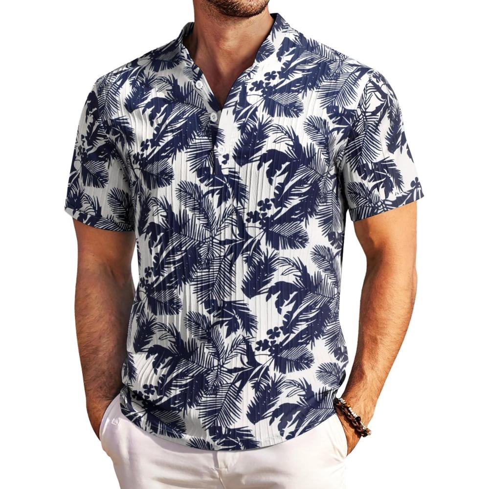 imageCOOFANDY Men Casual Henley Tee Shirt Short Sleeve Band Collar Summer Beach Textured TShirtBeige Black Leaves