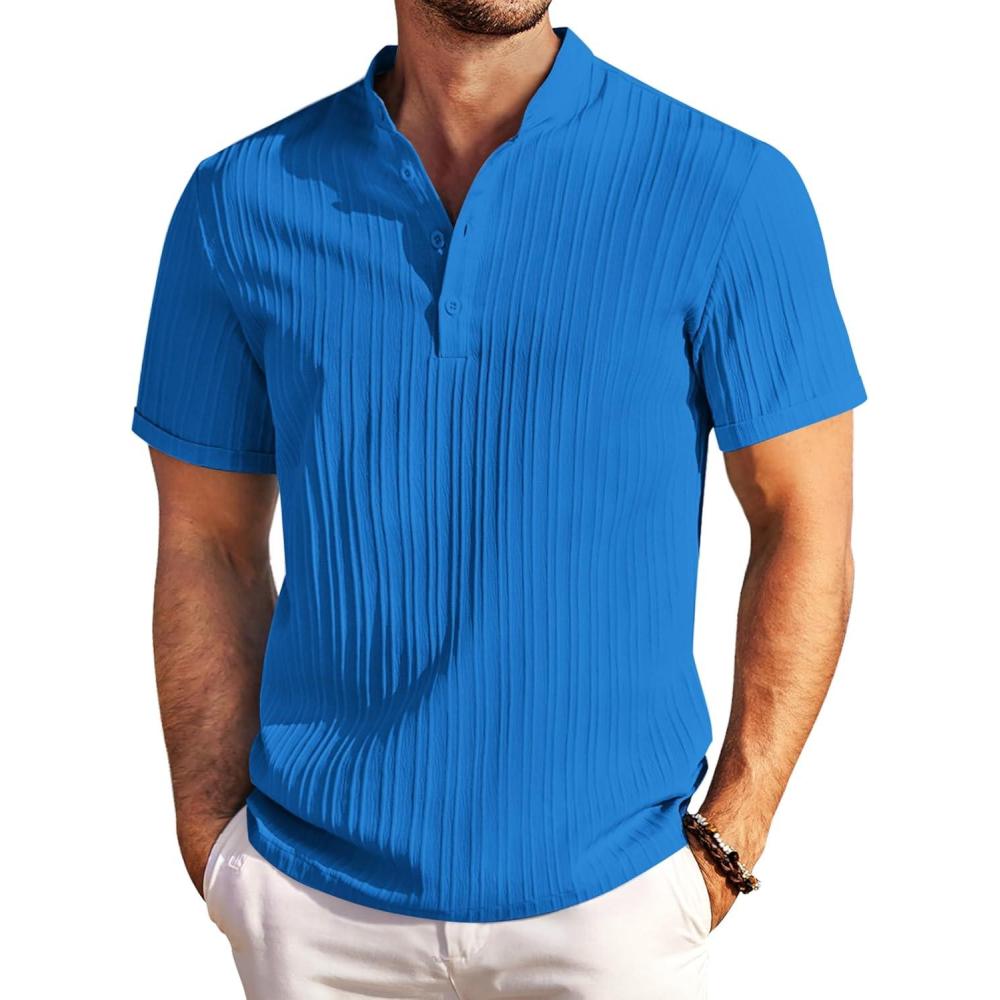 imageCOOFANDY Men Casual Henley Tee Shirt Short Sleeve Band Collar Summer Beach Textured TShirtBlue