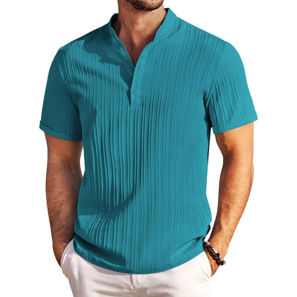 imageCOOFANDY Men Casual Henley Tee Shirt Short Sleeve Band Collar Summer Beach Textured TShirtBlue Green