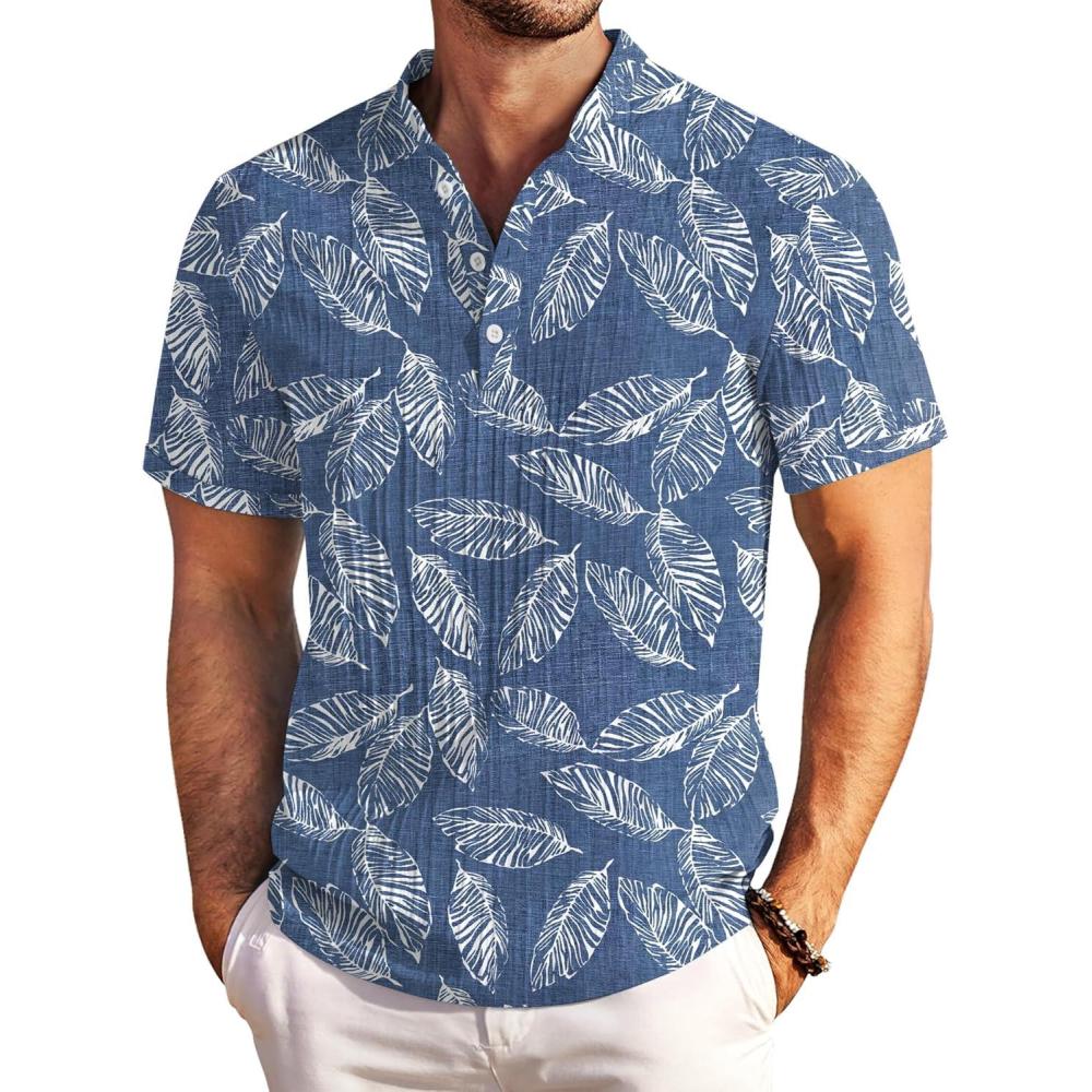 imageCOOFANDY Men Casual Henley Tee Shirt Short Sleeve Band Collar Summer Beach Textured TShirtBlue Palm Leaves