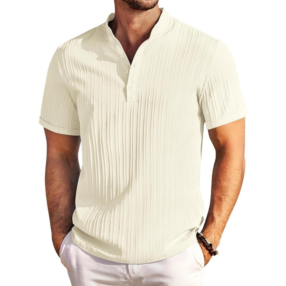 imageCOOFANDY Men Casual Henley Tee Shirt Short Sleeve Band Collar Summer Beach Textured TShirtCream Color