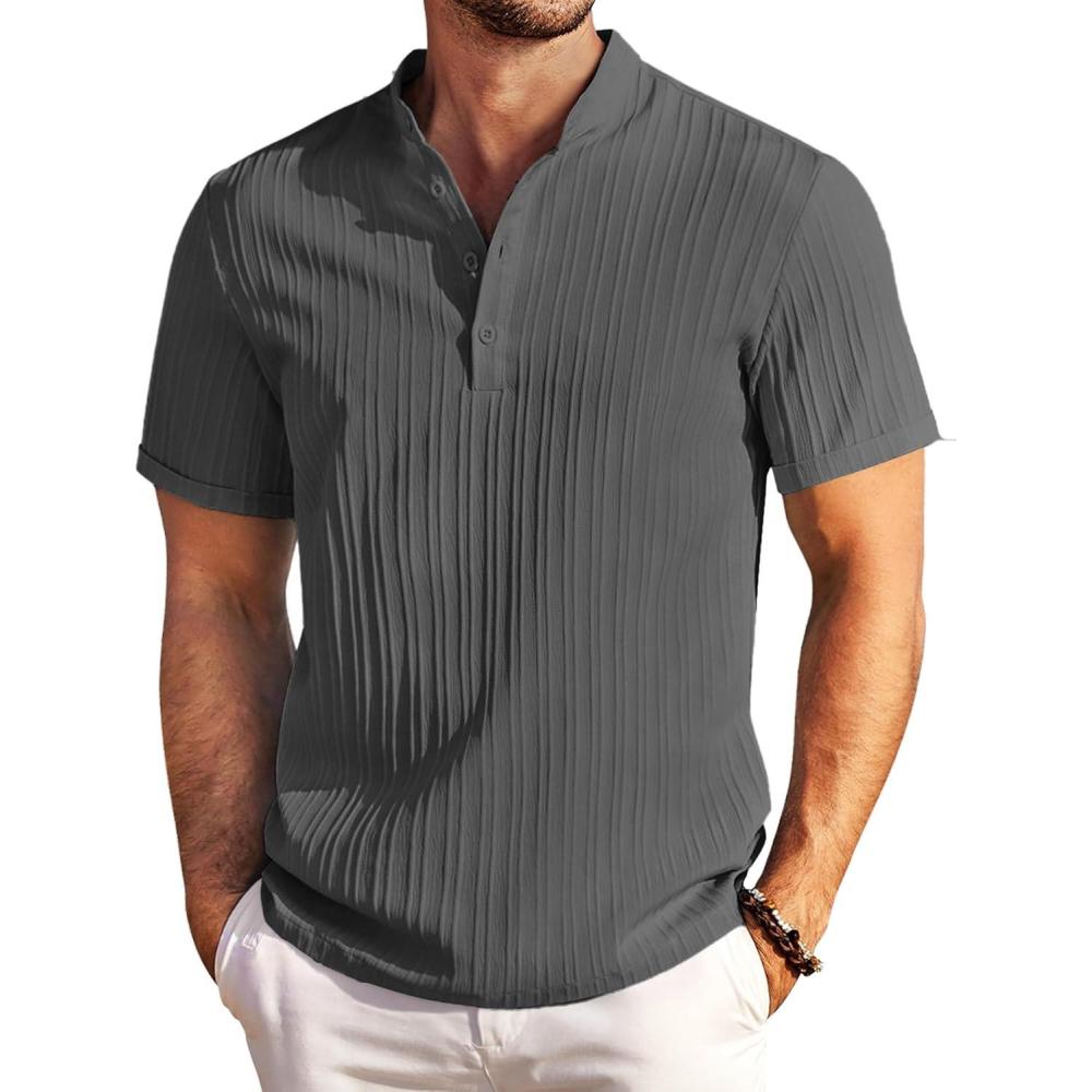 imageCOOFANDY Men Casual Henley Tee Shirt Short Sleeve Band Collar Summer Beach Textured TShirtDark Grey