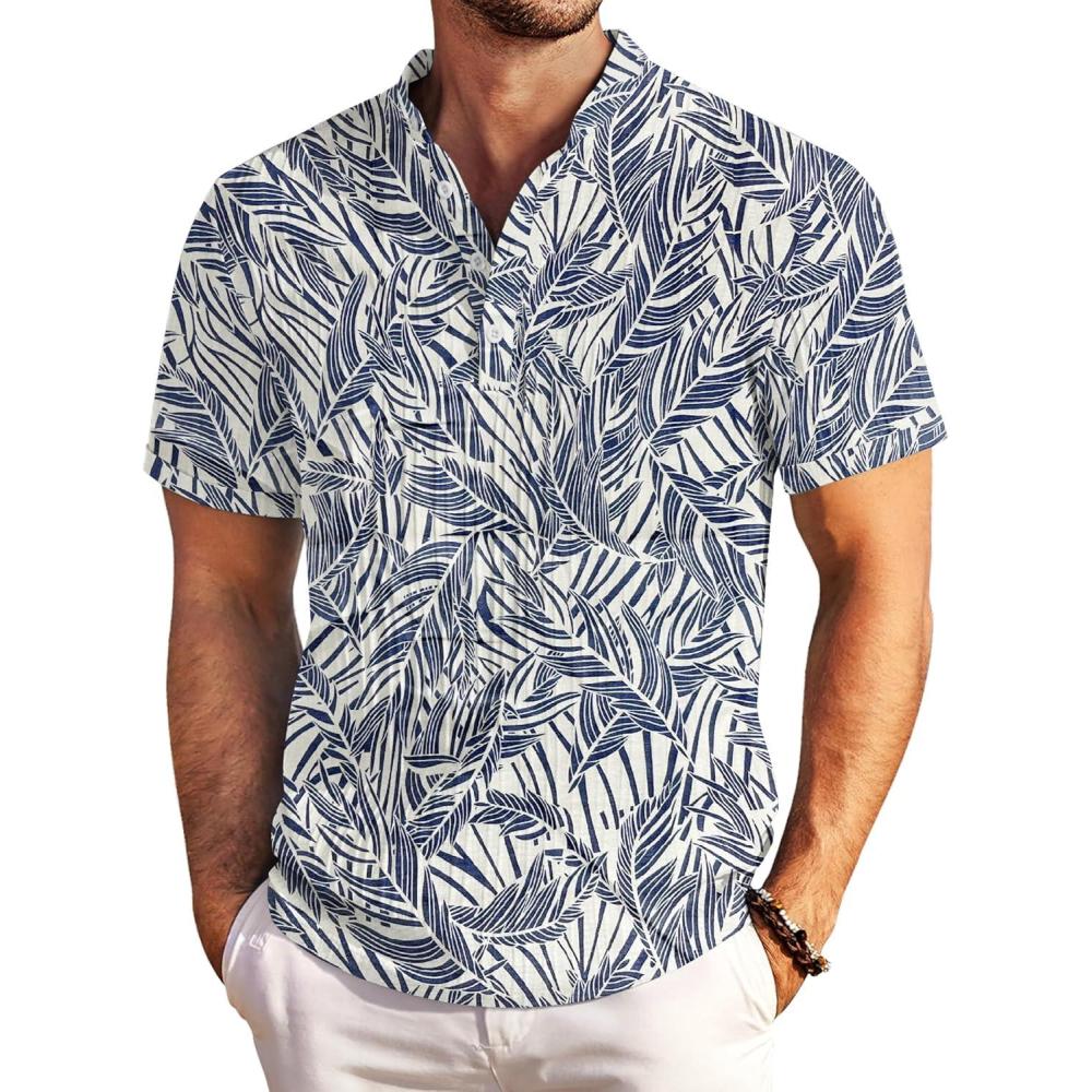 imageCOOFANDY Men Casual Henley Tee Shirt Short Sleeve Band Collar Summer Beach Textured TShirtDeep Blue Plam Leaf