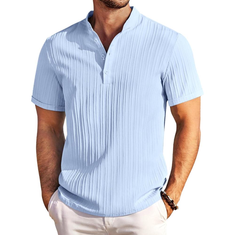 imageCOOFANDY Men Casual Henley Tee Shirt Short Sleeve Band Collar Summer Beach Textured TShirtLight Blue