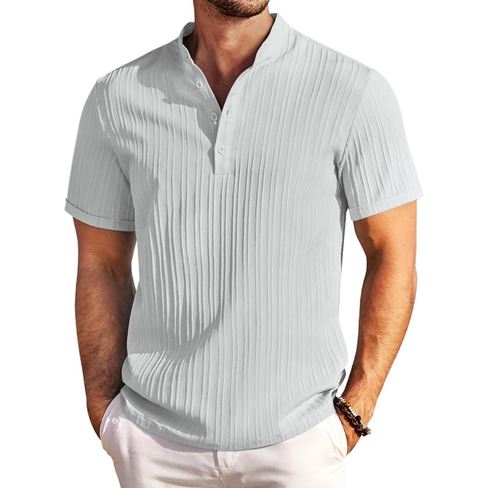 imageCOOFANDY Men Casual Henley Tee Shirt Short Sleeve Band Collar Summer Beach Textured TShirtLight Grey
