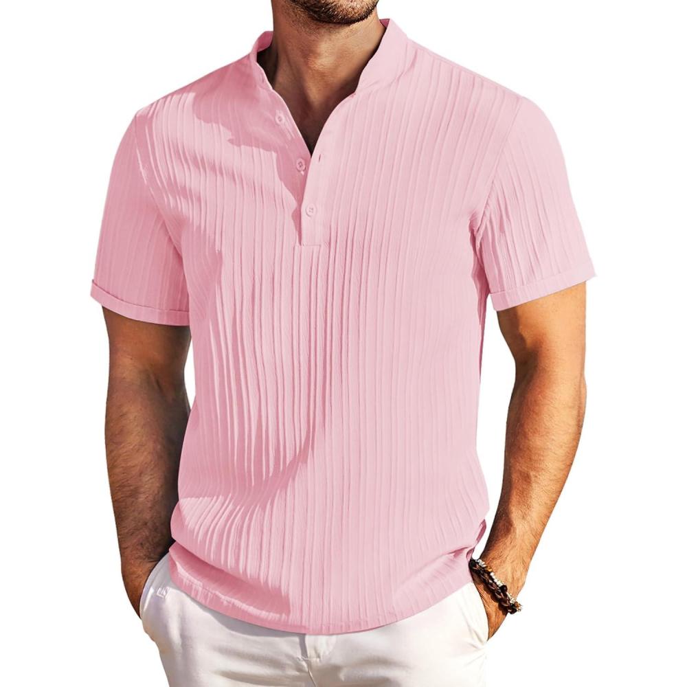 imageCOOFANDY Men Casual Henley Tee Shirt Short Sleeve Band Collar Summer Beach Textured TShirtPink