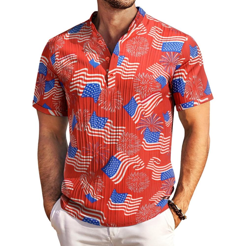 imageCOOFANDY Men Casual Henley Tee Shirt Short Sleeve Band Collar Summer Beach Textured TShirtRed Flag