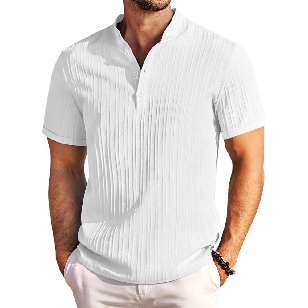 imageCOOFANDY Men Casual Henley Tee Shirt Short Sleeve Band Collar Summer Beach Textured TShirtWhite