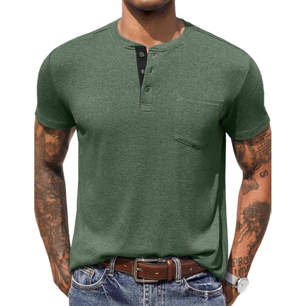 imageCOOFANDY Men Casual Shirt Short Sleeve Summer Basic T Shirt Pocket Soild Tee TopArmy Green