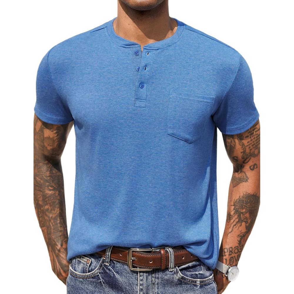 imageCOOFANDY Men Casual Shirt Short Sleeve Summer Basic T Shirt Pocket Soild Tee TopBlue1