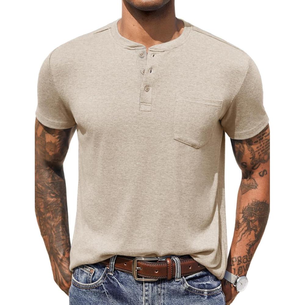 imageCOOFANDY Men Casual Shirt Short Sleeve Summer Basic T Shirt Pocket Soild Tee TopCoffee1