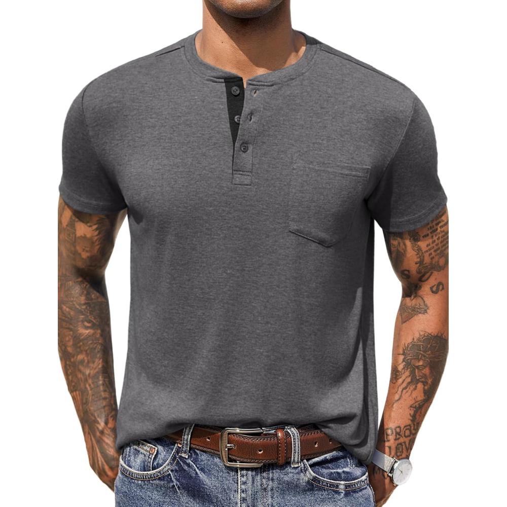 imageCOOFANDY Men Casual Shirt Short Sleeve Summer Basic T Shirt Pocket Soild Tee TopDark Gray