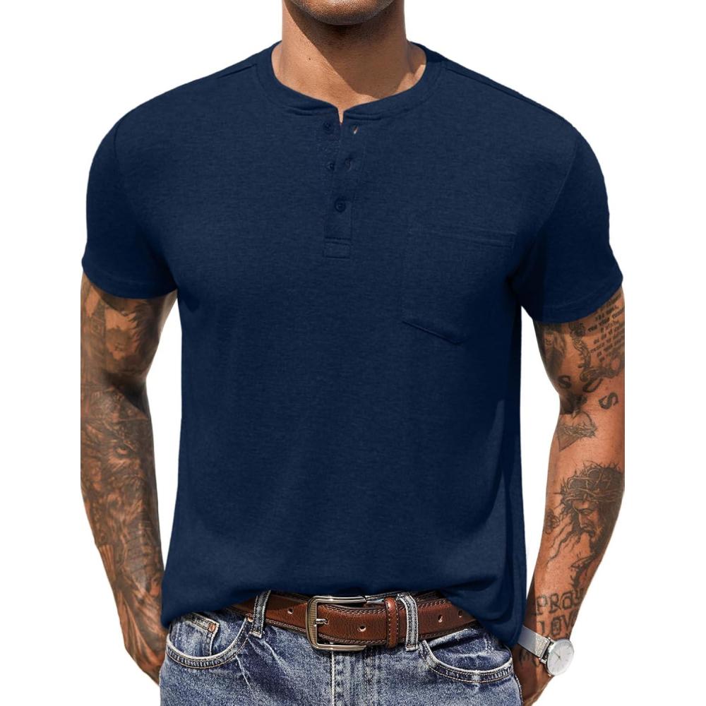 imageCOOFANDY Men Casual Shirt Short Sleeve Summer Basic T Shirt Pocket Soild Tee TopDarkblue1
