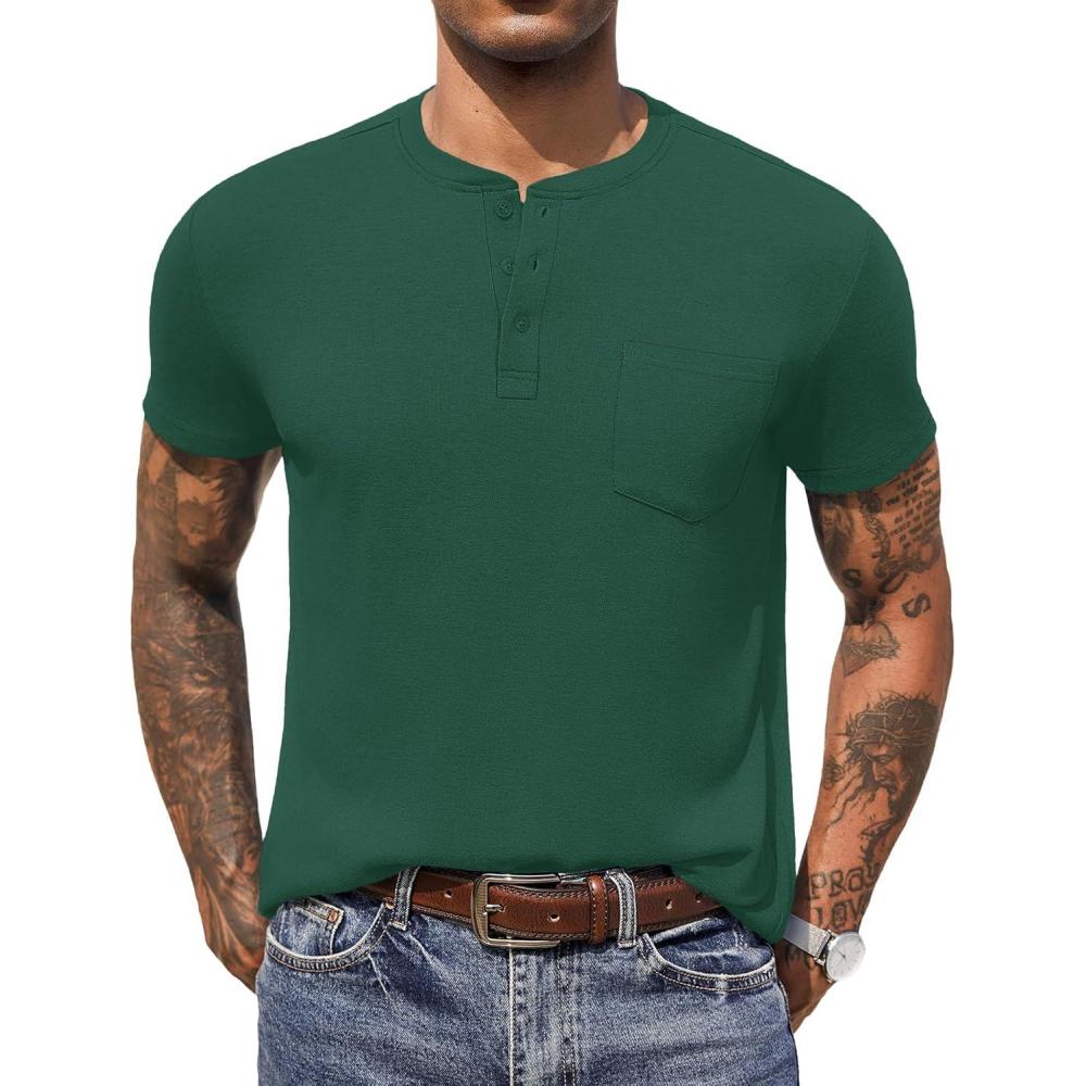 imageCOOFANDY Men Casual Shirt Short Sleeve Summer Basic T Shirt Pocket Soild Tee TopEvergreen