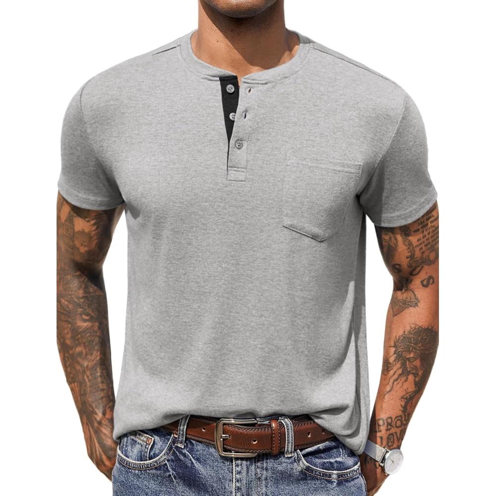 imageCOOFANDY Men Casual Shirt Short Sleeve Summer Basic T Shirt Pocket Soild Tee TopLight Gray