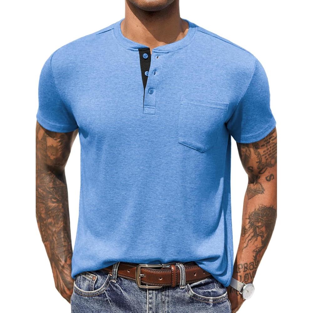 imageCOOFANDY Men Casual Shirt Short Sleeve Summer Basic T Shirt Pocket Soild Tee TopLightblue
