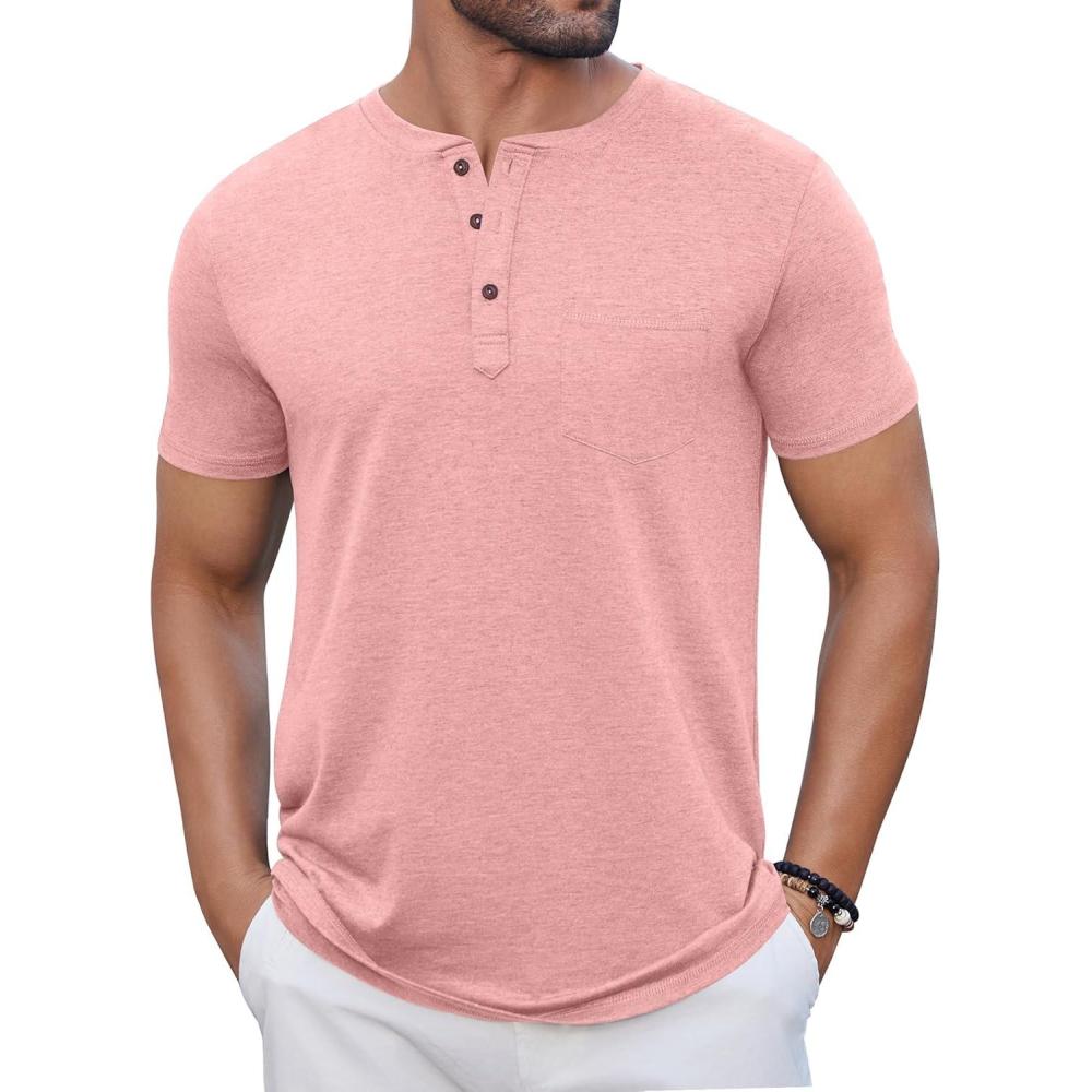 imageCOOFANDY Men Casual Shirt Short Sleeve Summer Basic T Shirt Pocket Soild Tee TopPink