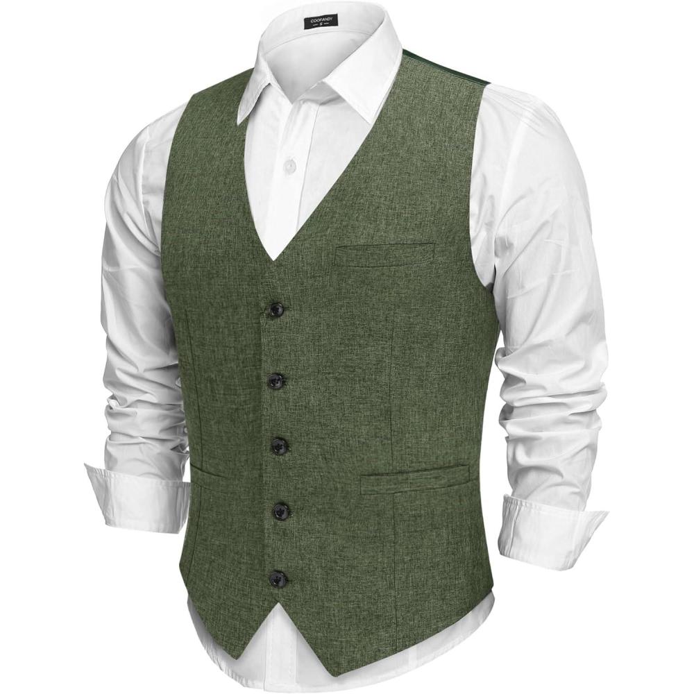 imageCOOFANDY Men Casual Suit Vest Formal Dress Vest Slim Fit Waistcoat Business WeddingArmy Green
