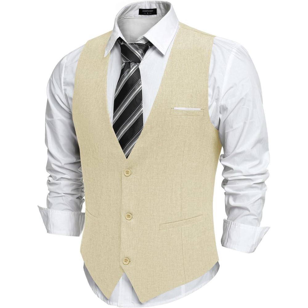 imageCOOFANDY Men Casual Suit Vest Formal Dress Vest Slim Fit Waistcoat Business WeddingBeige