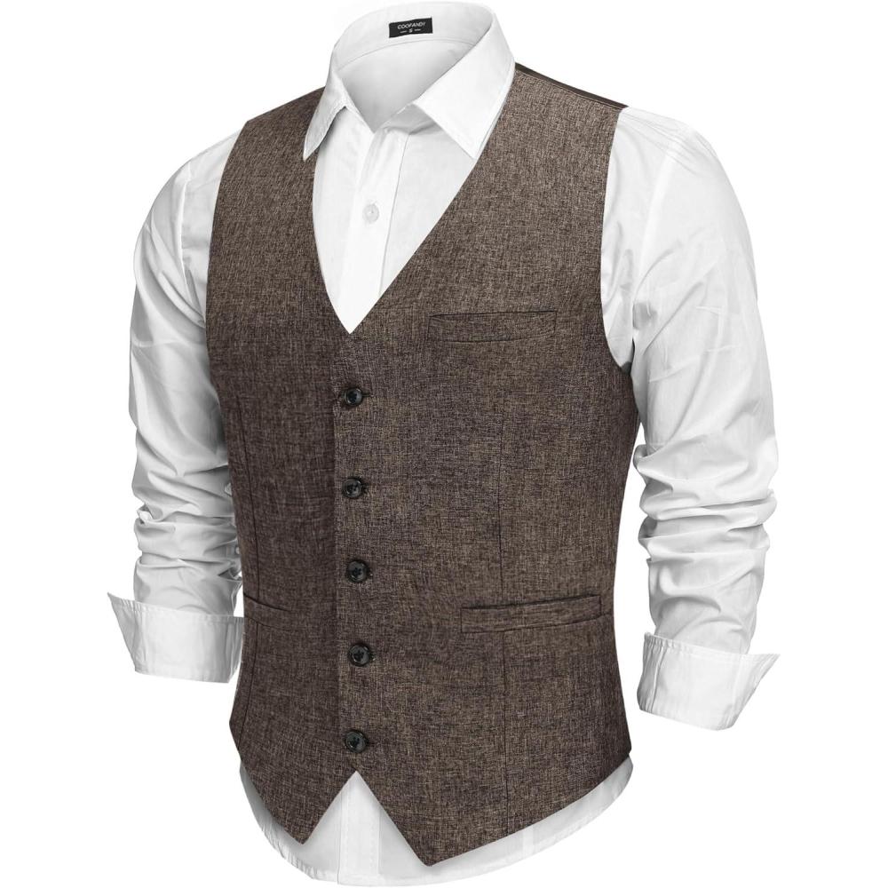 imageCOOFANDY Men Casual Suit Vest Formal Dress Vest Slim Fit Waistcoat Business WeddingBrown