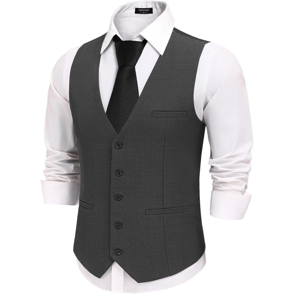 imageCOOFANDY Men Casual Suit Vest Formal Dress Vest Slim Fit Waistcoat Business WeddingDark Gray