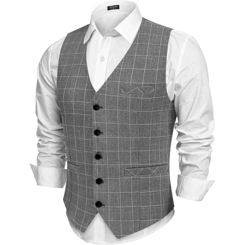 imageCOOFANDY Men Casual Suit Vest Formal Dress Vest Slim Fit Waistcoat Business WeddingPlaid Blazer Dark Gray