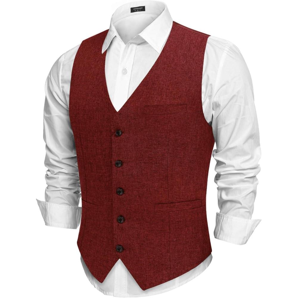 imageCOOFANDY Men Casual Suit Vest Formal Dress Vest Slim Fit Waistcoat Business WeddingRed