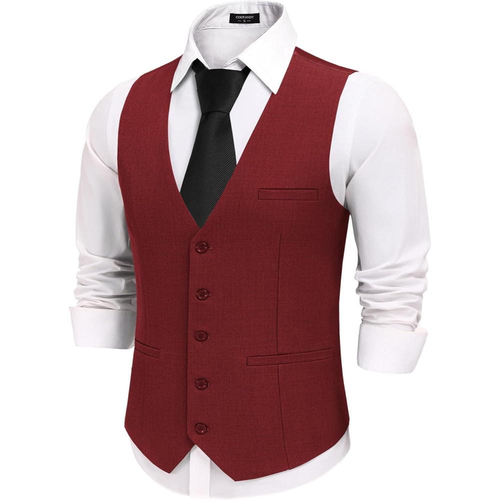 imageCOOFANDY Men Casual Suit Vest Formal Dress Vest Slim Fit Waistcoat Business WeddingWine Red