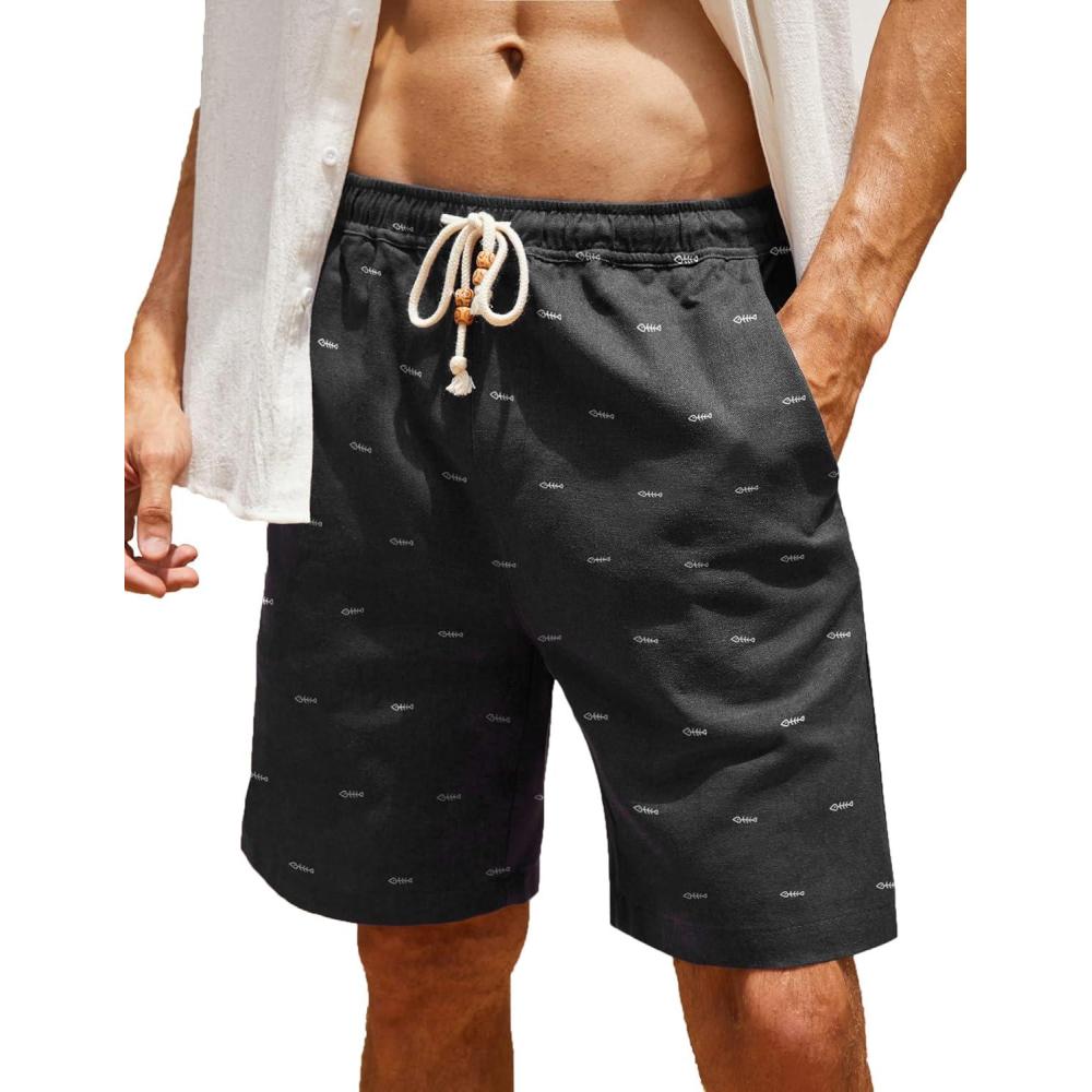 imageCOOFANDY Men Casual Summer Beach Shorts Elastic Waist Drawstring Flat Front ShortBlack Fish Bone