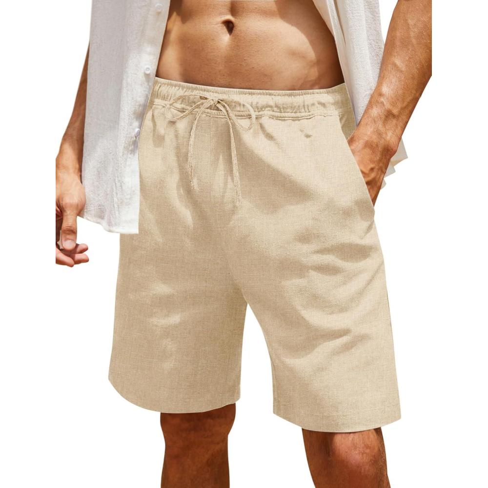 imageCOOFANDY Men Casual Summer Beach Shorts Elastic Waist Drawstring Flat Front ShortLinen Khaki