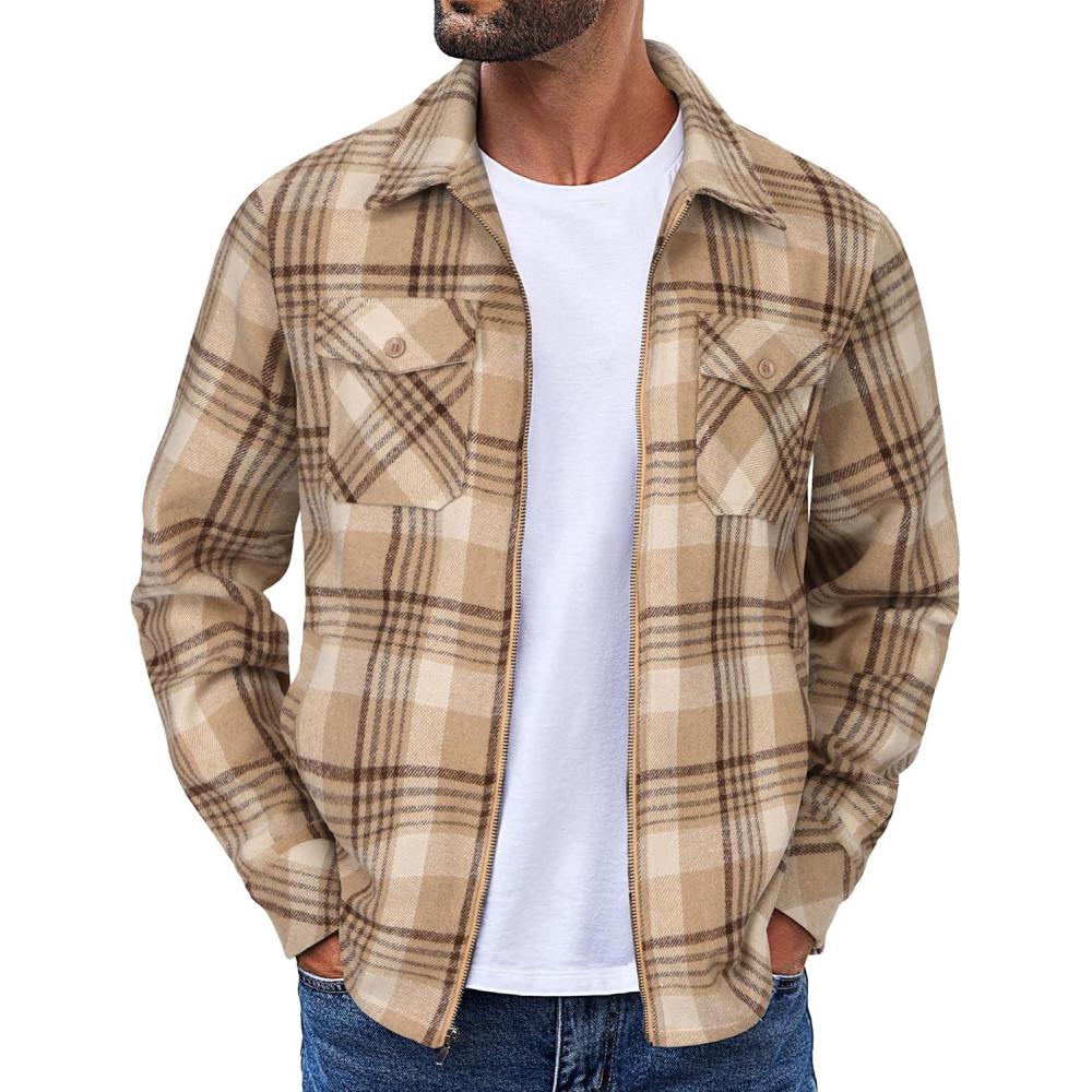 imageCOOFANDY Men Flannel Jackets Full Zip Up Plaid Shirt Shackets Cotton Lightweight Jackets Casual Stylish Fall Jackets 2024Khaki