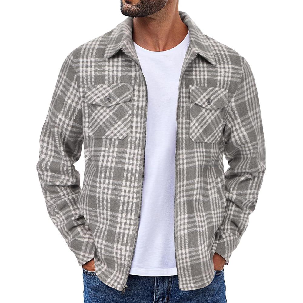 imageCOOFANDY Men Flannel Jackets Full Zip Up Plaid Shirt Shackets Cotton Lightweight Jackets Casual Stylish Fall Jackets 2024Light Grey