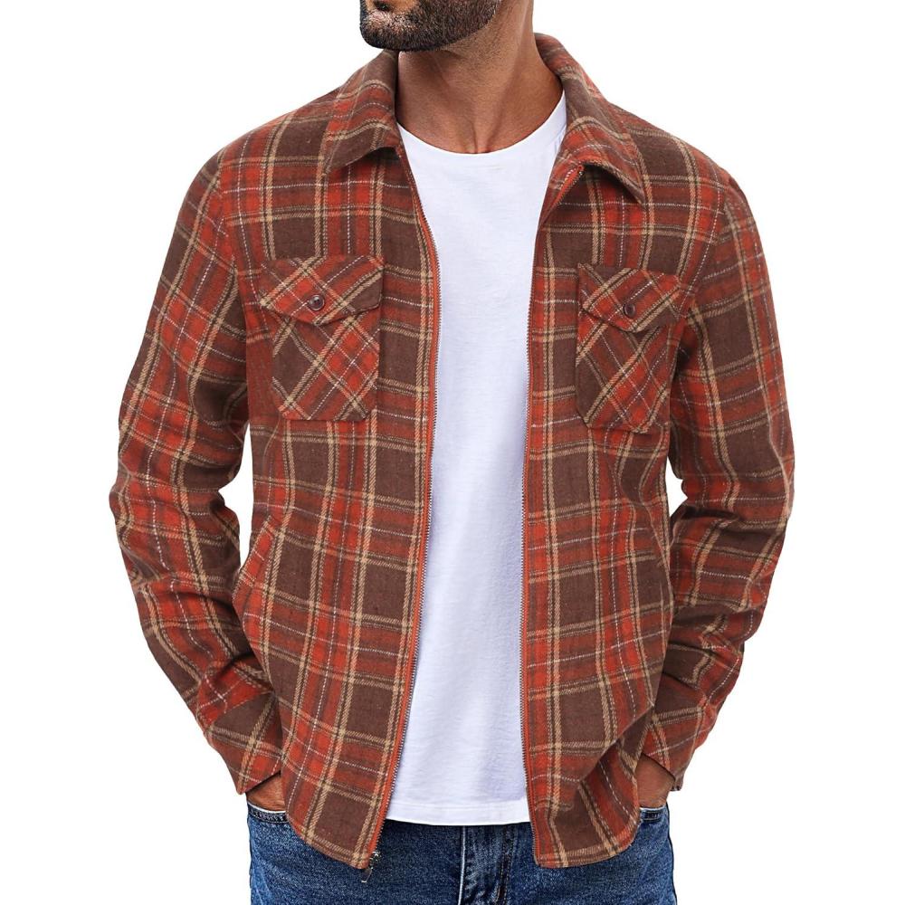 imageCOOFANDY Men Flannel Jackets Full Zip Up Plaid Shirt Shackets Cotton Lightweight Jackets Casual Stylish Fall Jackets 2024Orange