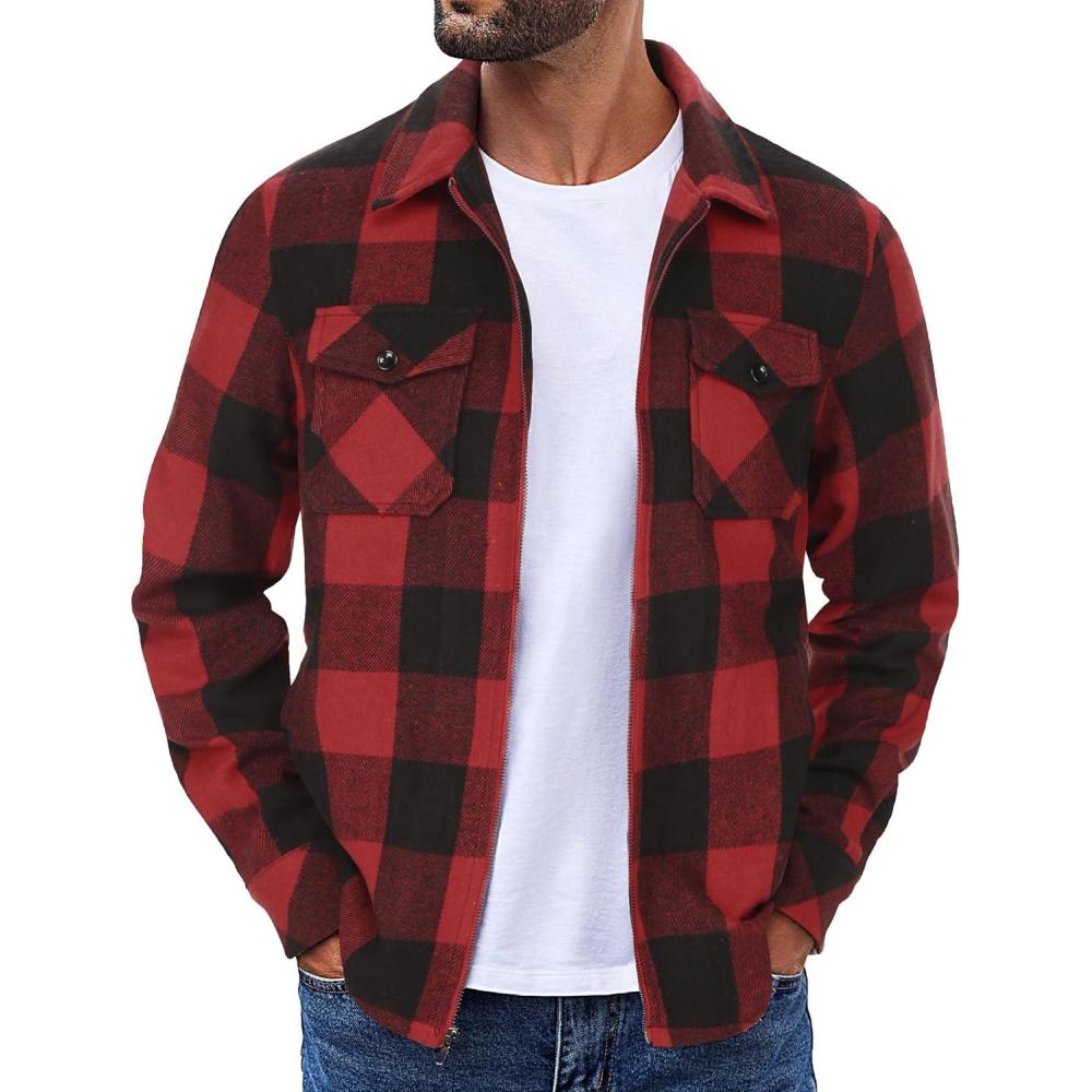 imageCOOFANDY Men Flannel Jackets Full Zip Up Plaid Shirt Shackets Cotton Lightweight Jackets Casual Stylish Fall Jackets 2024Red