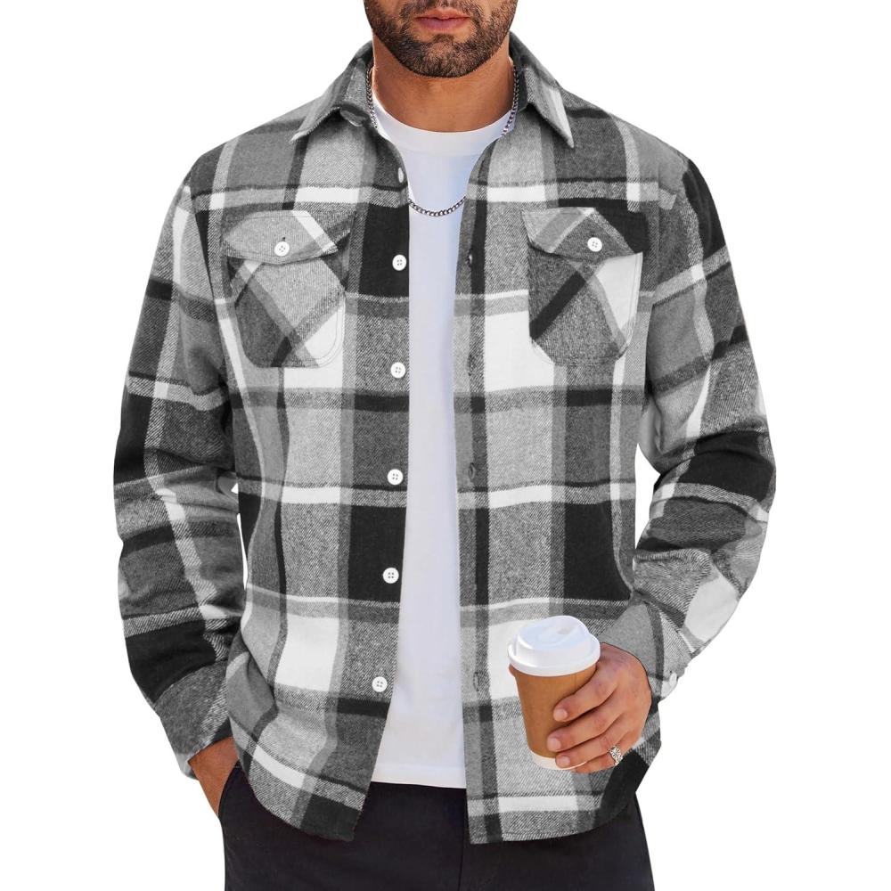 imageCOOFANDY Men Flannel Shirt Casual Button Down Shirt Jacket Long Sleeve Plaid Shirts with PocketsBlack